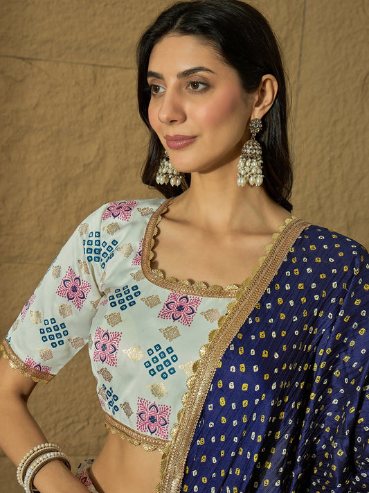 White Ajarakh Silk Lehenga choli with Navy Blue Bandhej print Dupatta
