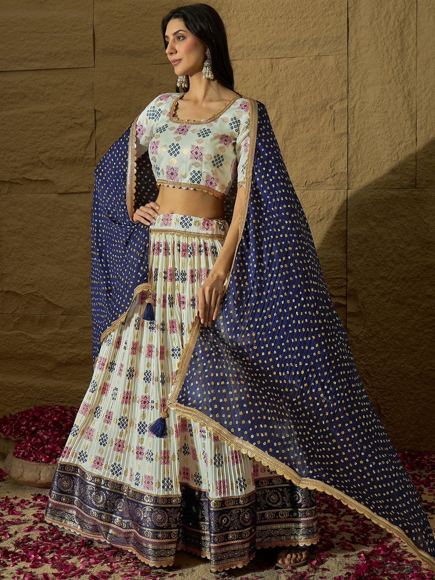 White Ajarakh Silk Lehenga choli with Navy Blue Bandhej print Dupatta