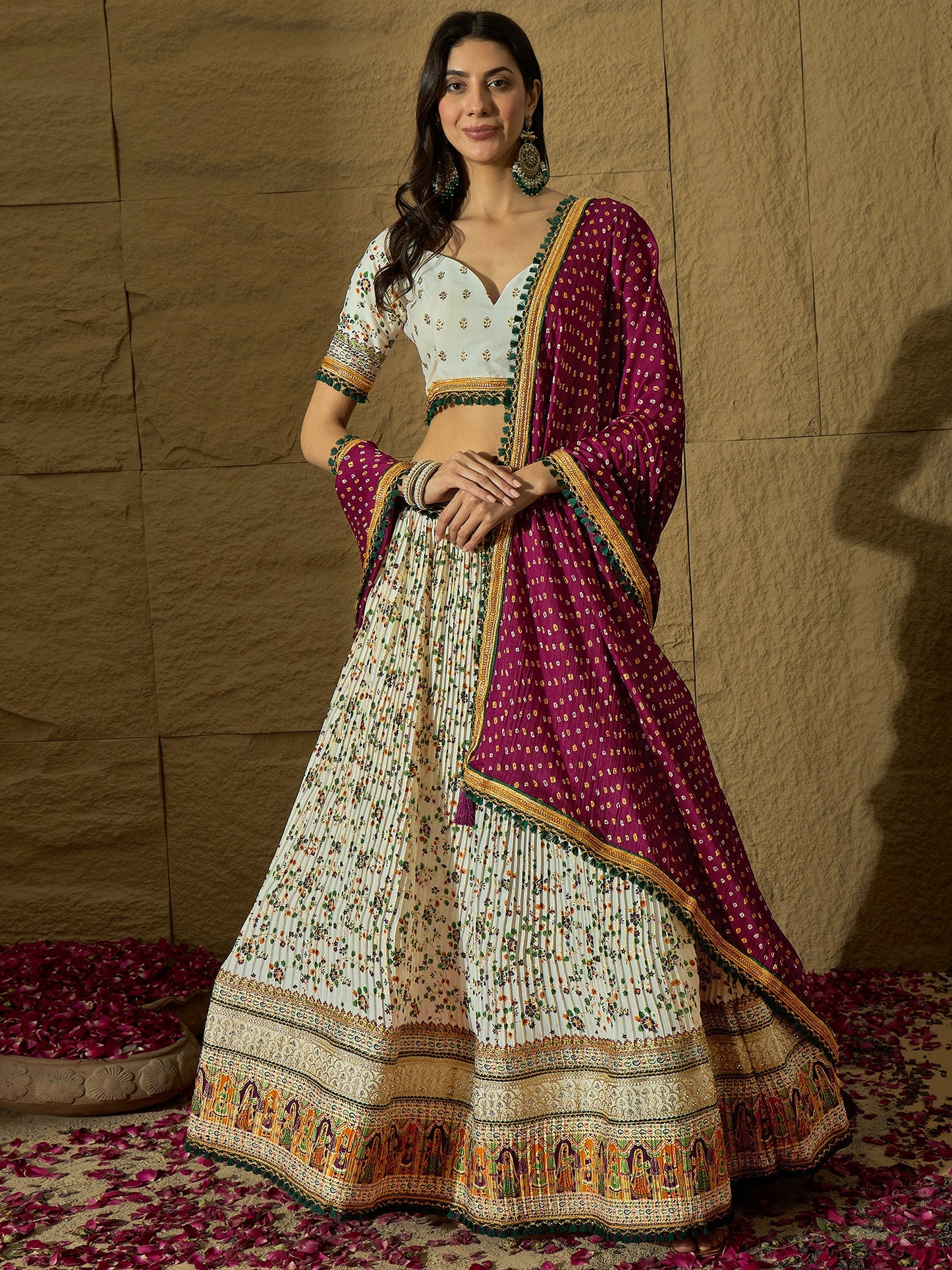 White Floral Silk Lehenga with Wine Bandhej Dupatta