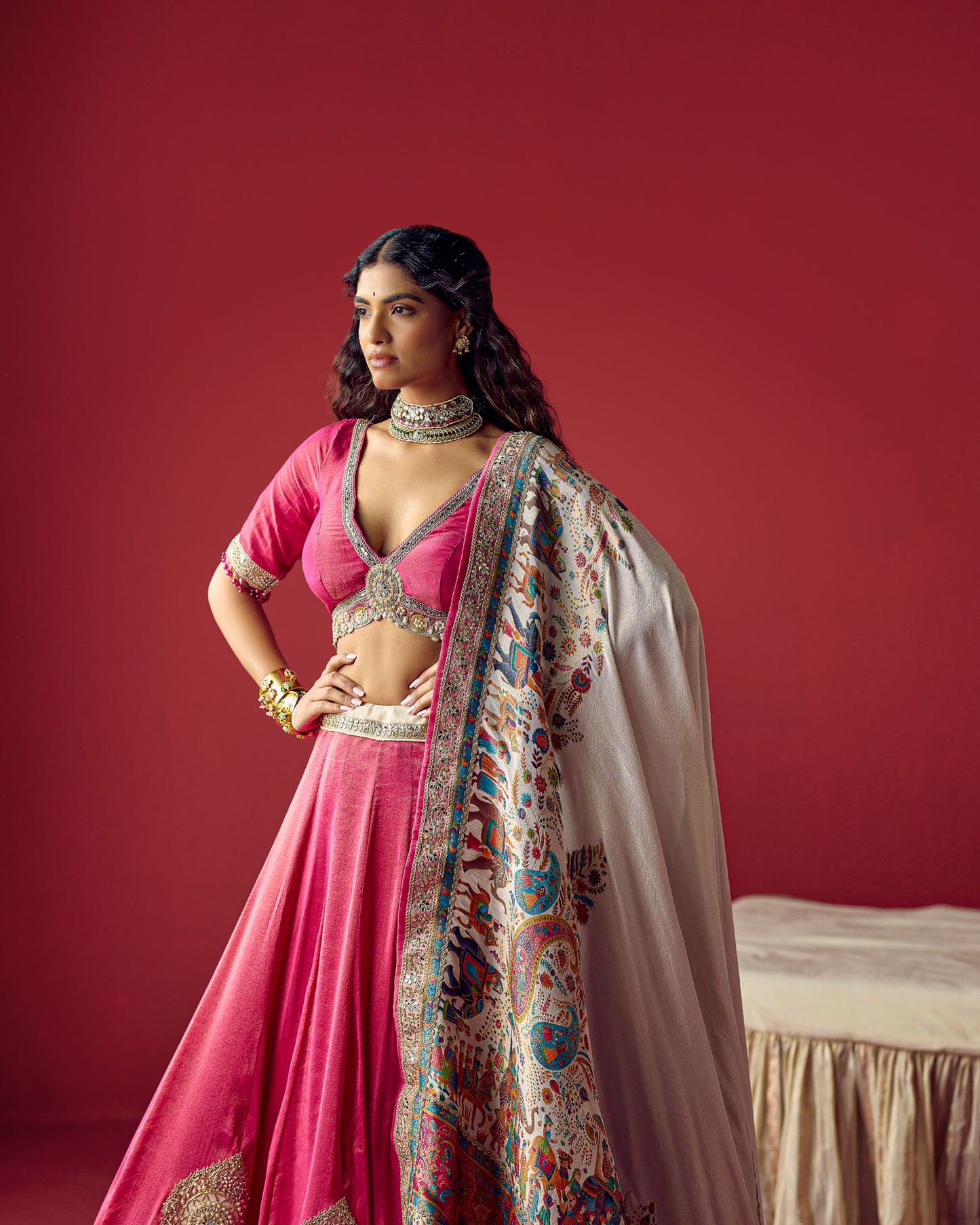 Rani lehenga with white position print duppata