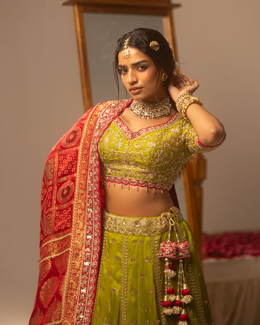 Pistachio green lehenga with rani ajarakh duppata