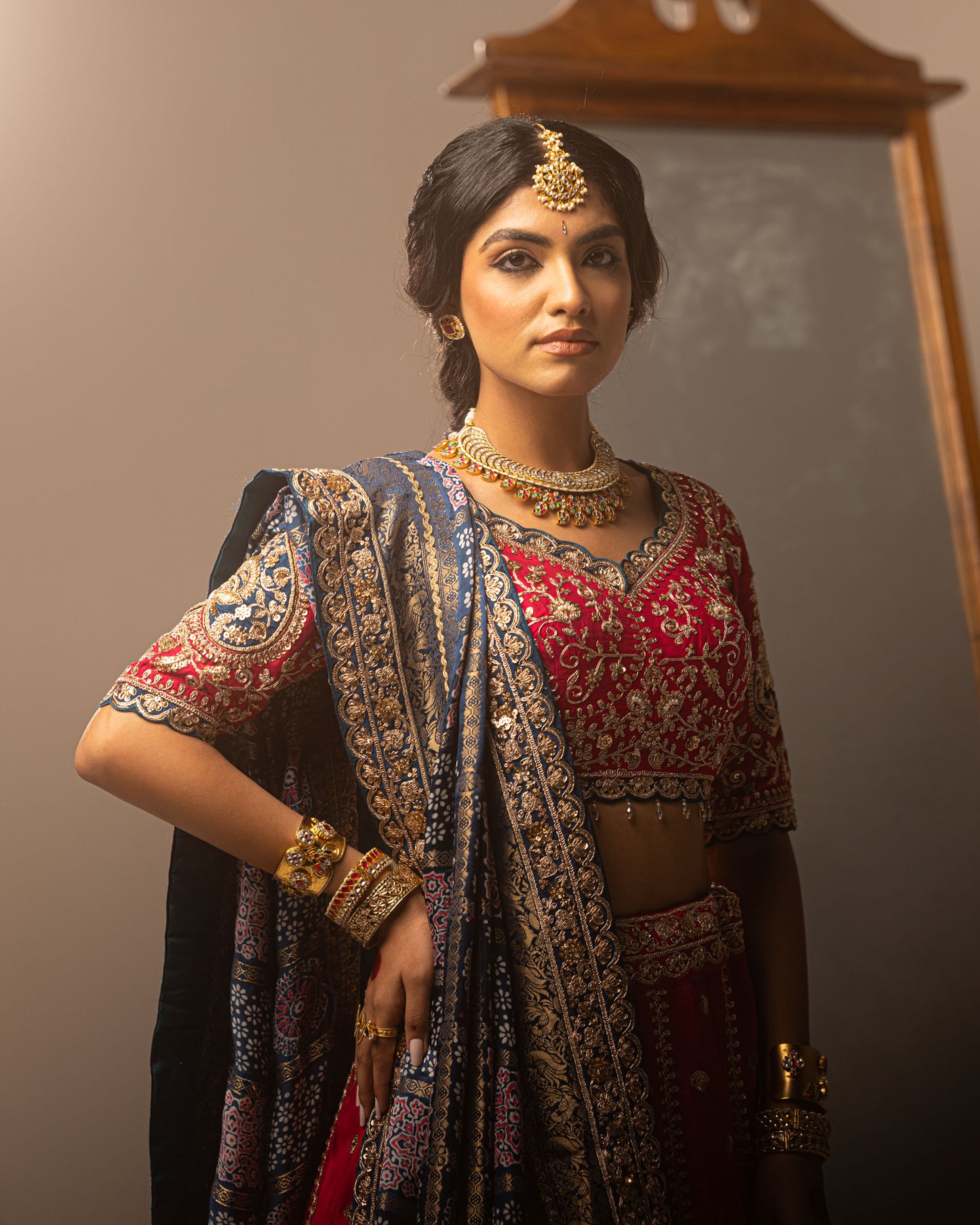 Maharani Lehenga With Turkish Blue Ajarakh Duppata