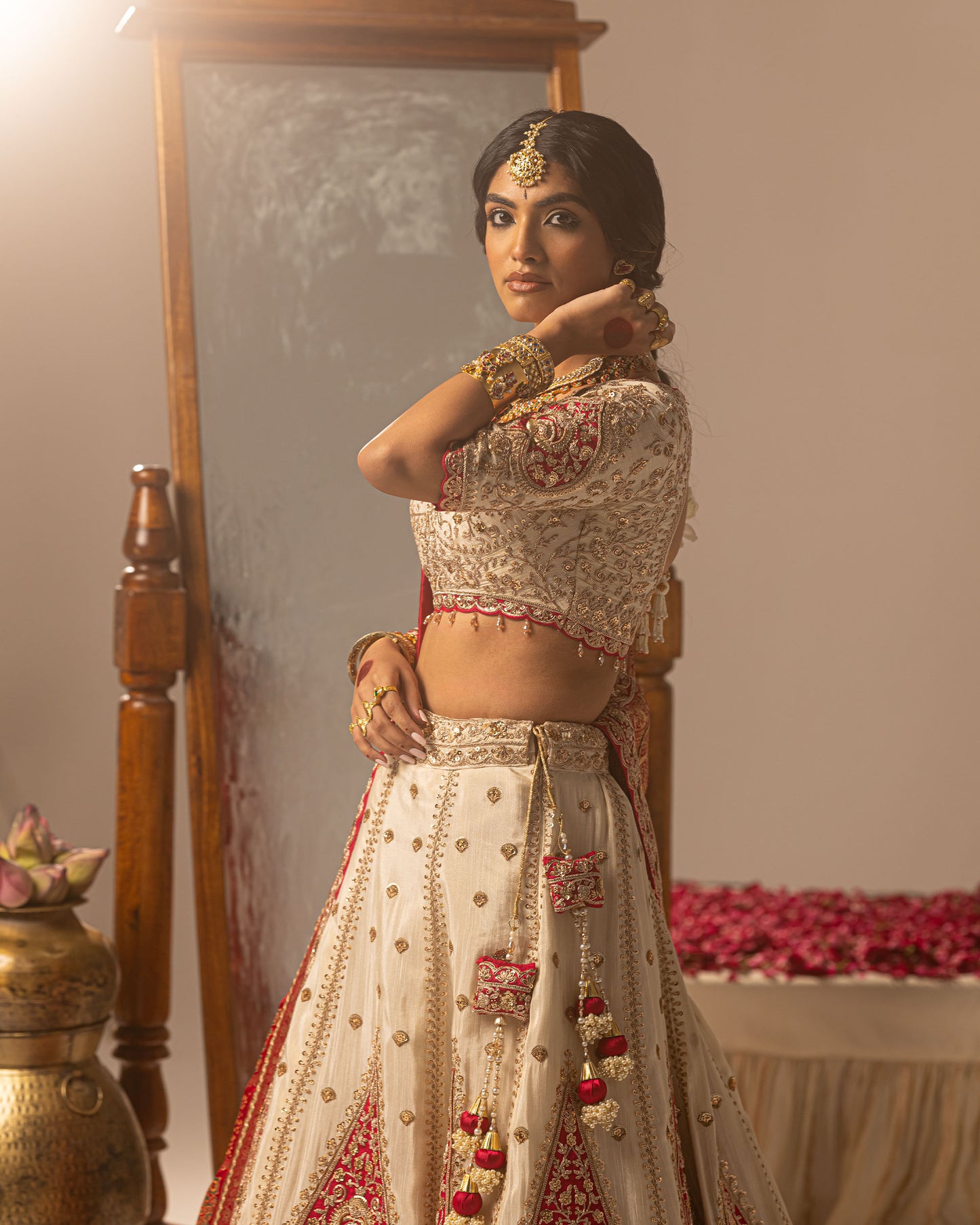 Offwhite lehenga with rani ajarakh duppata