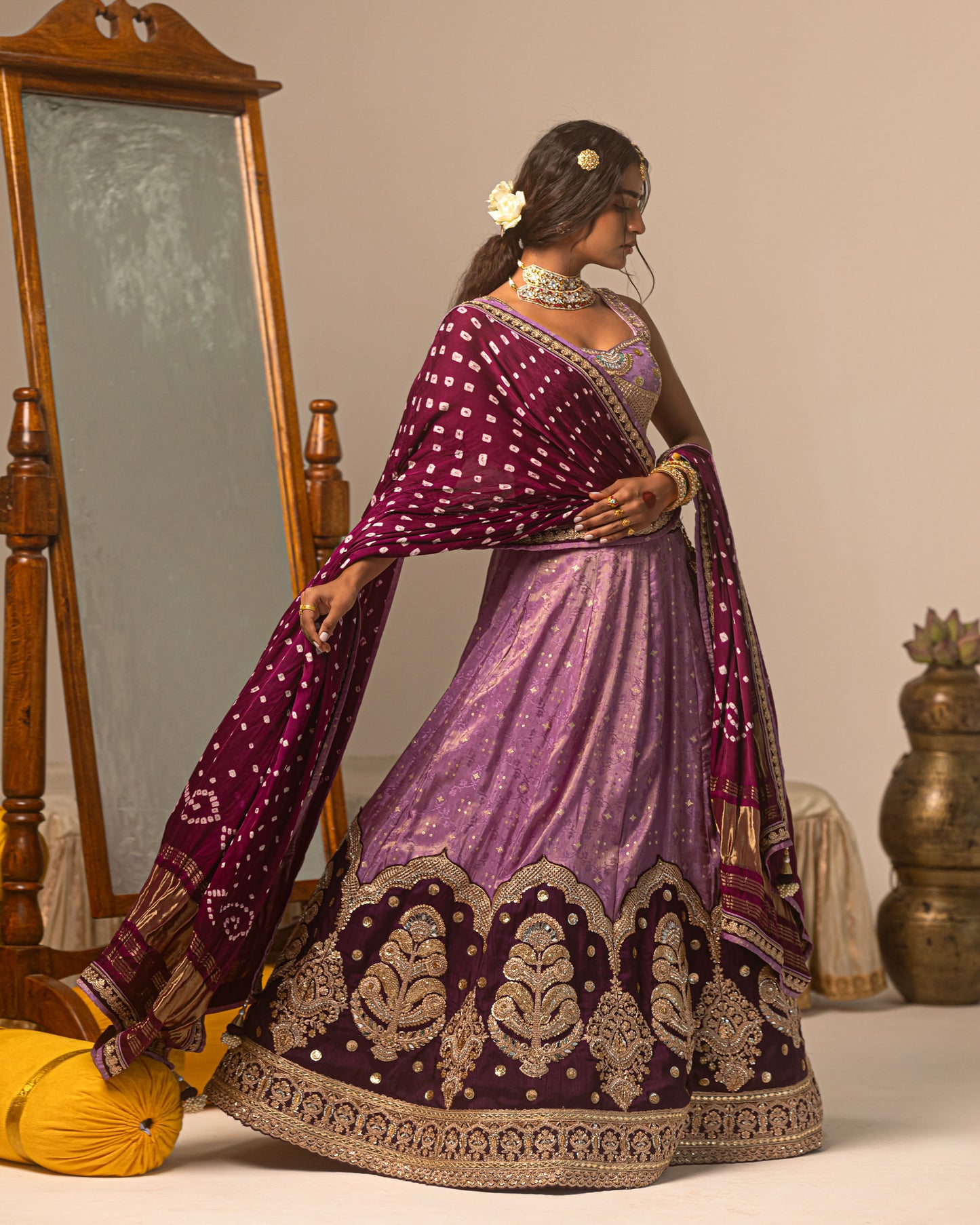 Purple Jari Tissue Lehenga Set with bandhani duppata