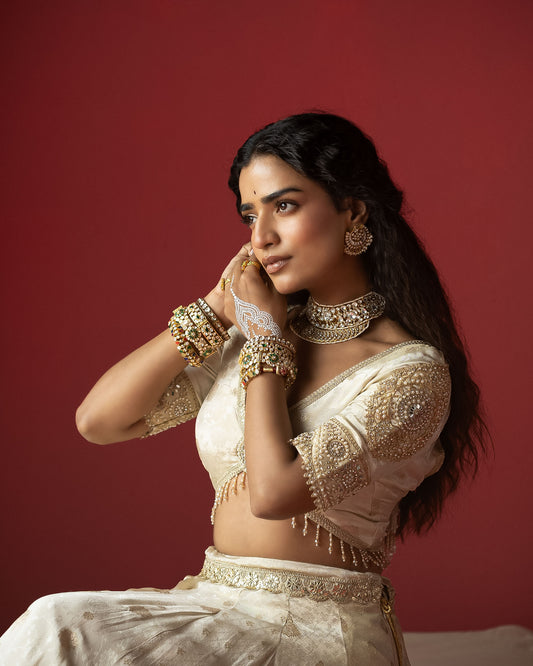 OffWhite lehenga with Ajrakh Maharani Duppata