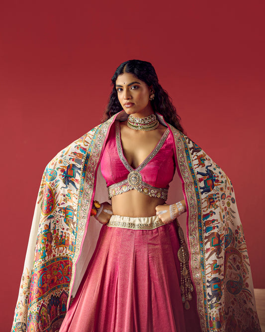 Rani lehenga with white position print duppata