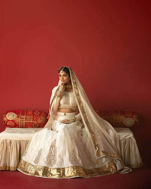 Offwhite self elegante lehenga with delicate duppata and embellished blouse