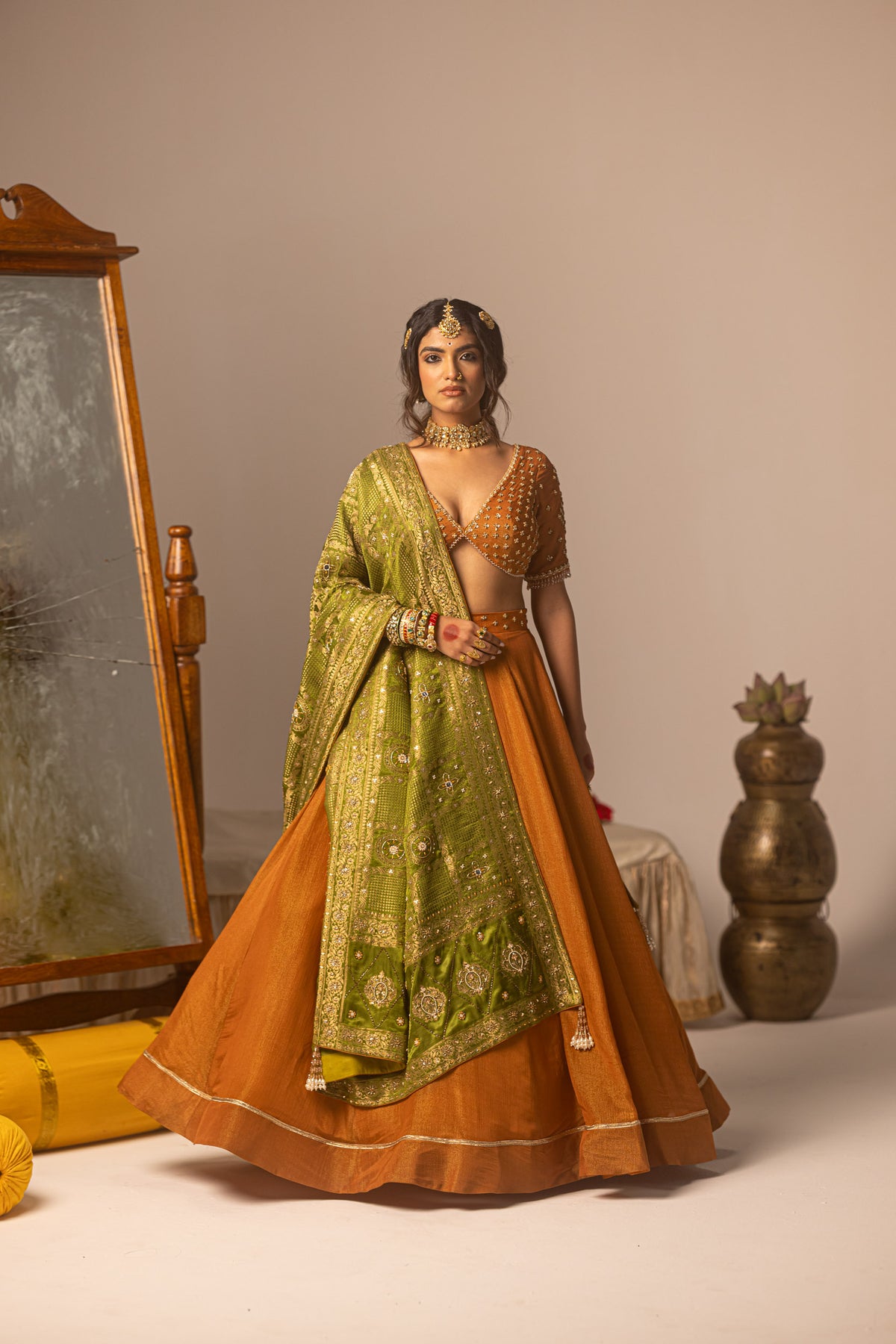 Rust Tissue Lehenga with Hand-Embroidered Blouse & Ajarakh Dupatta