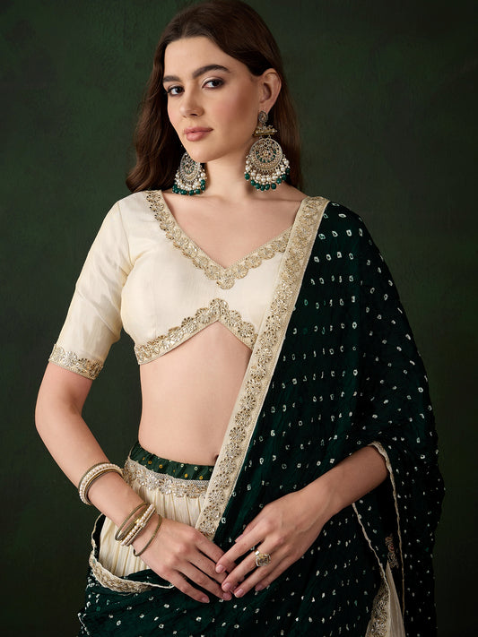 Offwhite Lehenga Choli with Green Bandhani Dupatta