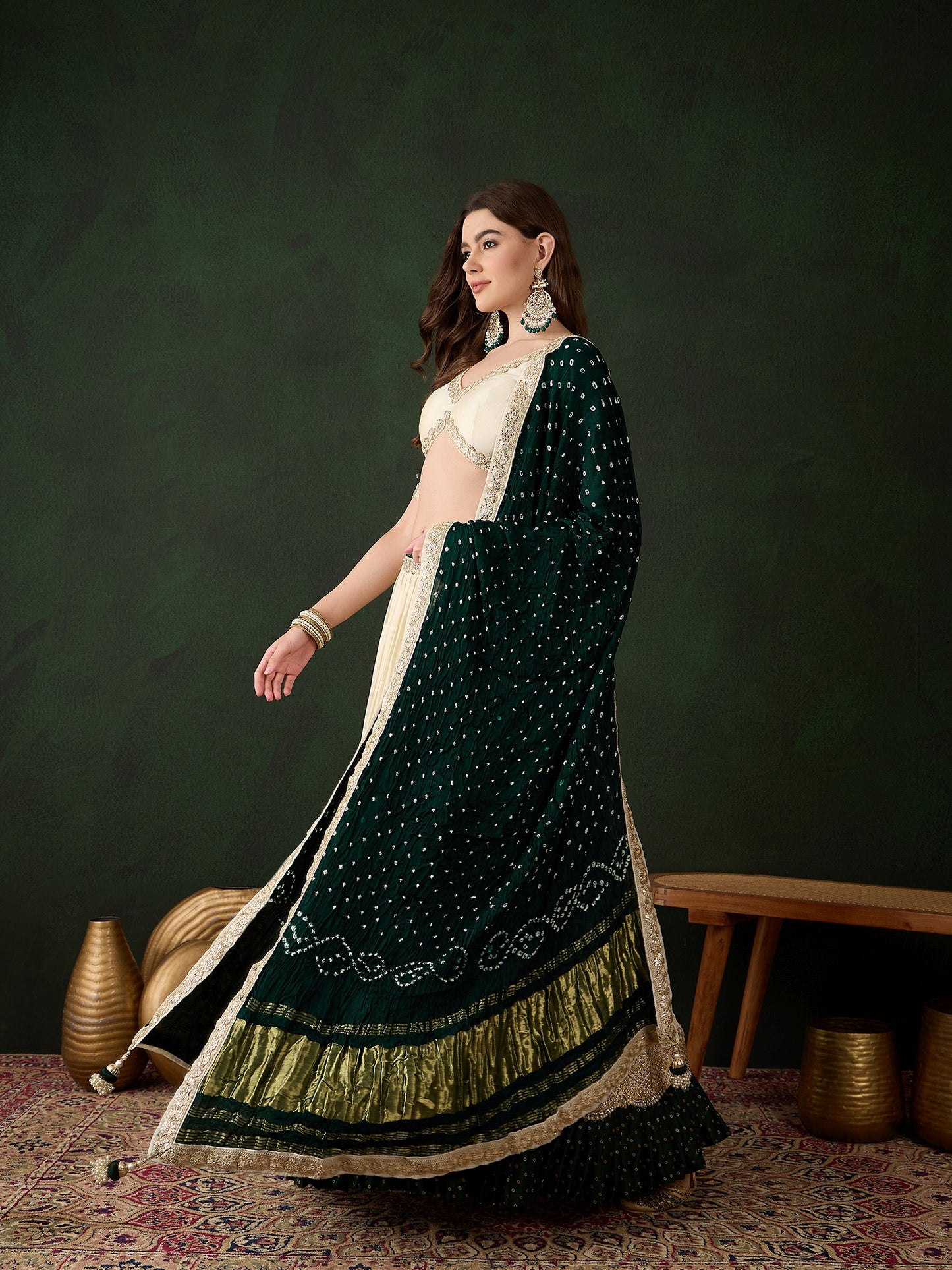 Offwhite Lehenga Choli with Green Bandhani Dupatta