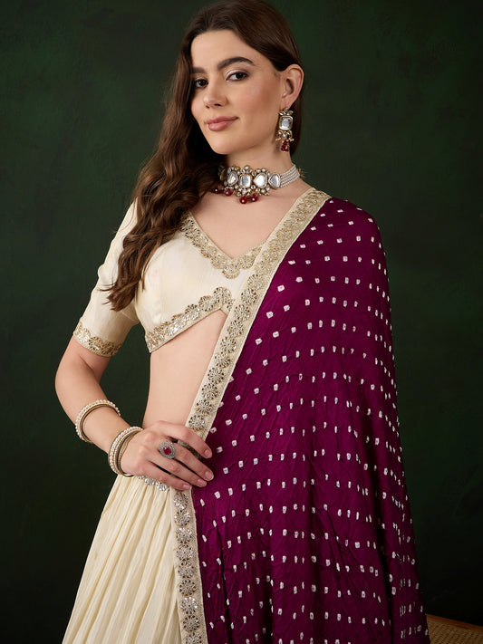 Offwhite Lehenga Choli with Wine Bandhani Dupatta