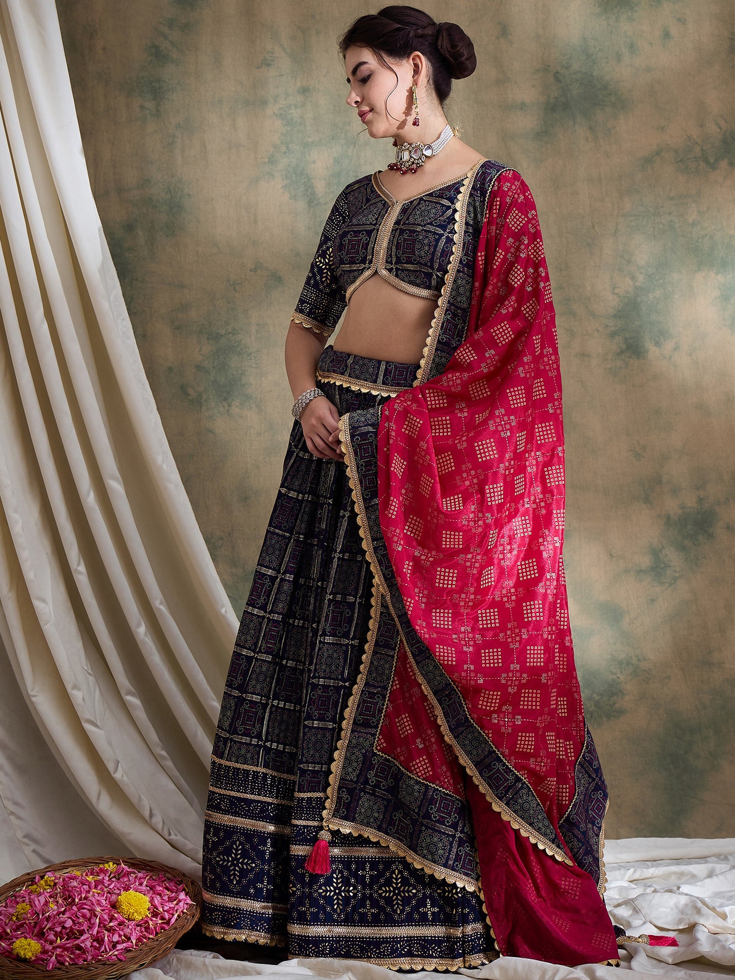 Nevy Blue Ajarakh Silk Lehenga set with Pink Bandhej Dupatta