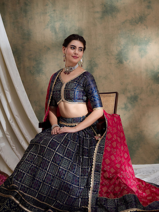 Nevy Blue Ajarakh Silk Lehenga set with Pink Bandhej Dupatta