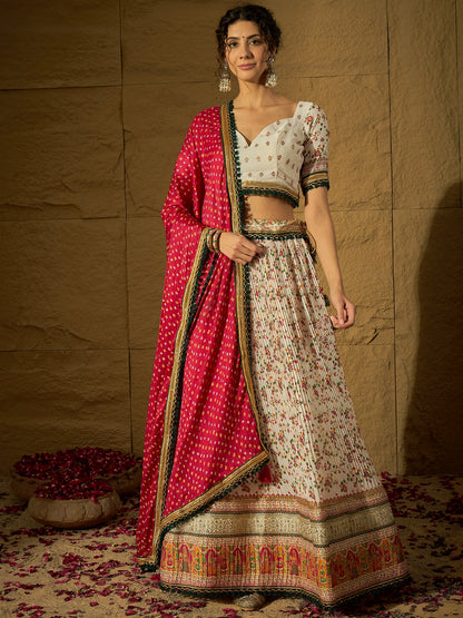 White Floral Silk Lehenga with Rani Bandhej Dupatta