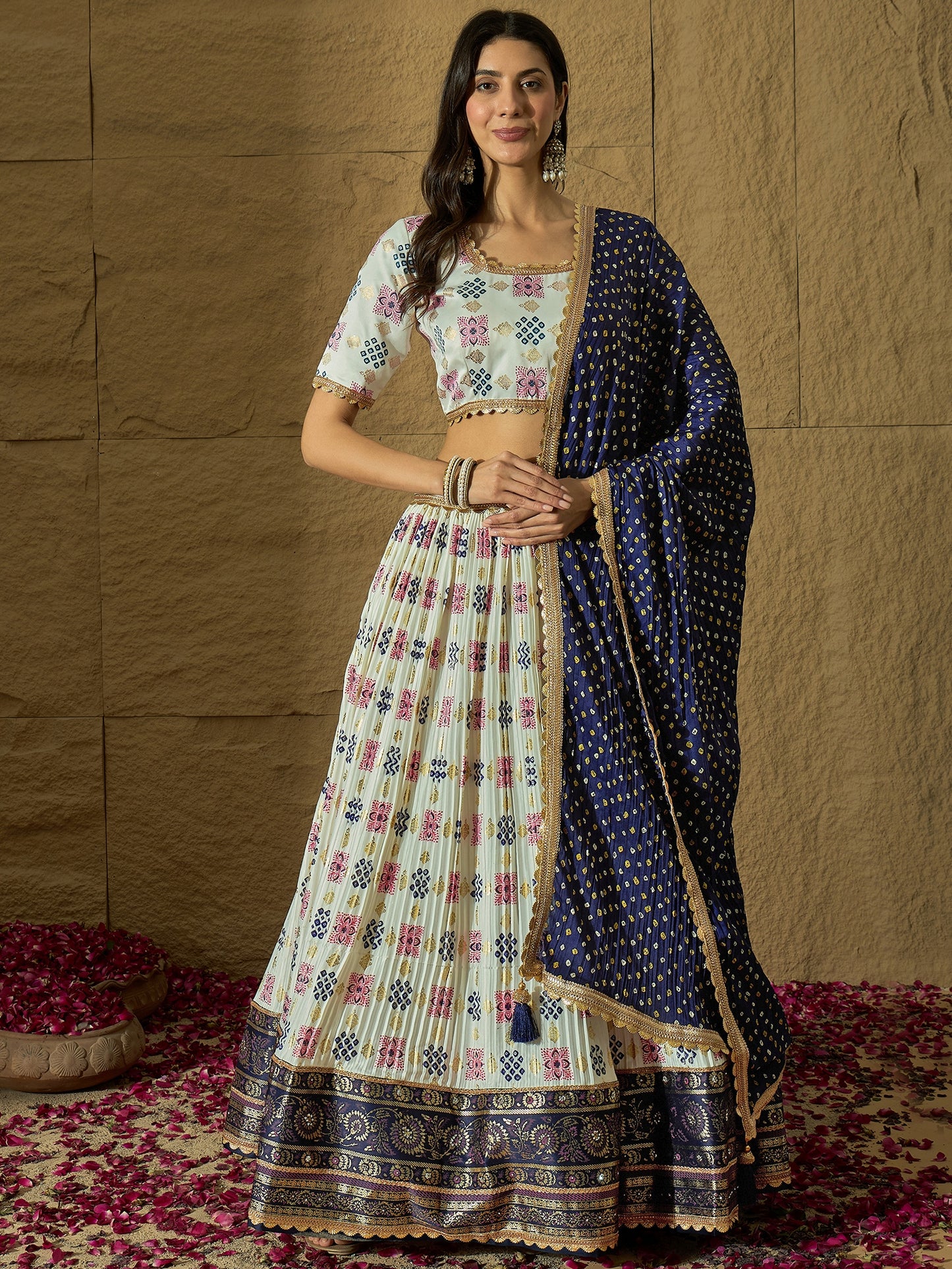 White Ajarakh Silk Lehenga choli with Navy Blue Bandhej print Dupatta
