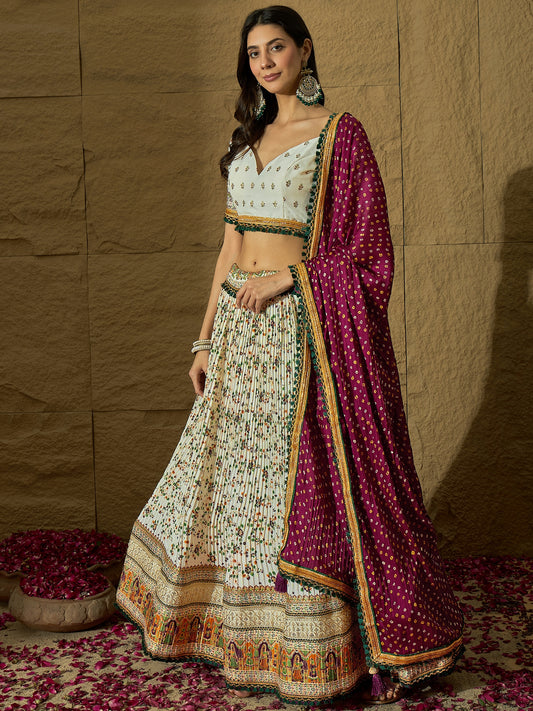 White Floral Silk Lehenga with Wine Bandhej Dupatta