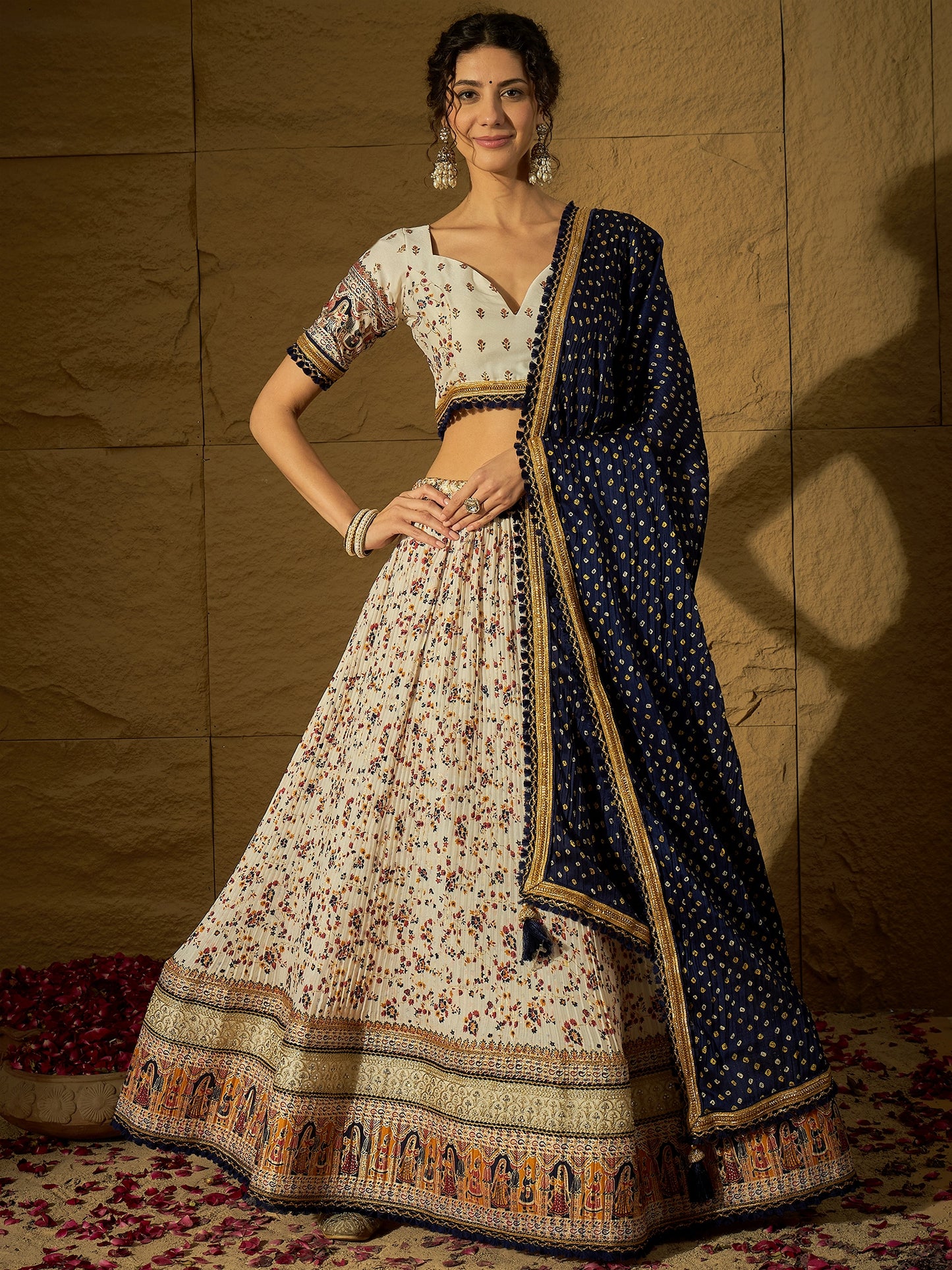 White Floral Silk Lehenga with Navy Blue Bandhej Dupatta