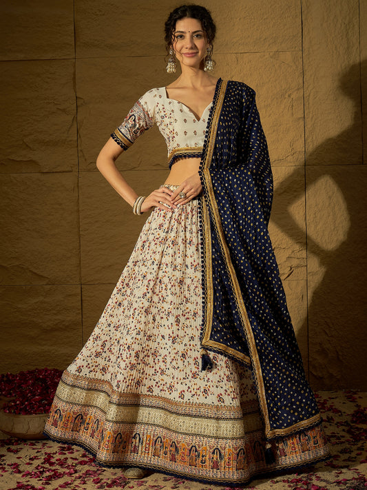 White Floral Silk Lehenga with Navy Blue Bandhej Dupatta