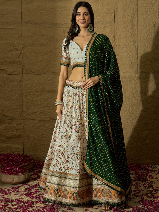 White Floral Silk Lehenga with Green Bandhej Dupatta