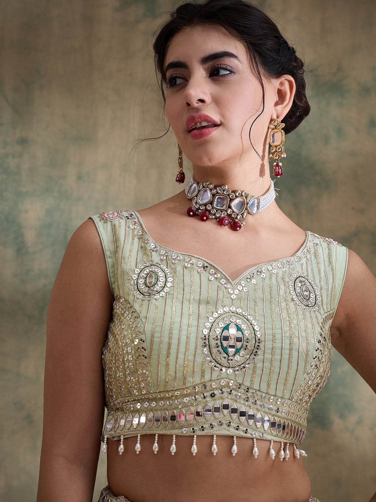Pistachio sequin Embroidered Lehenga Set with Rani Bandhej Dupatta