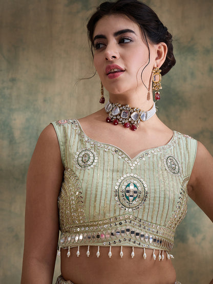 Pistachio sequin Embroidered Lehenga Set with Rani Bandhej Dupatta