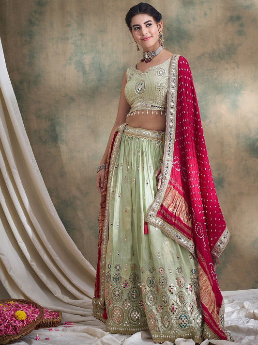 Pistachio sequin Embroidered Lehenga Set with Rani Bandhej Dupatta