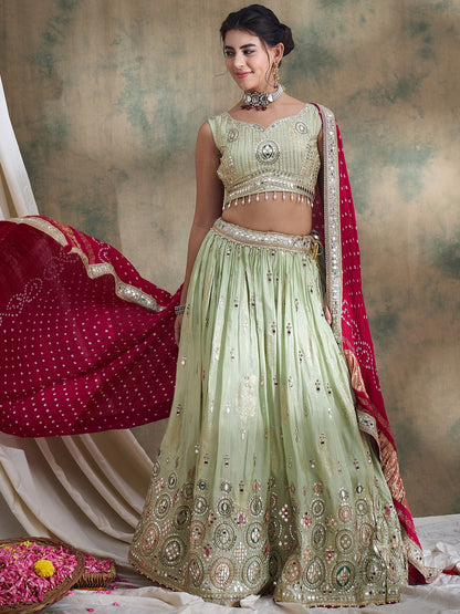 Pistachio sequin Embroidered Lehenga Set with Rani Bandhej Dupatta