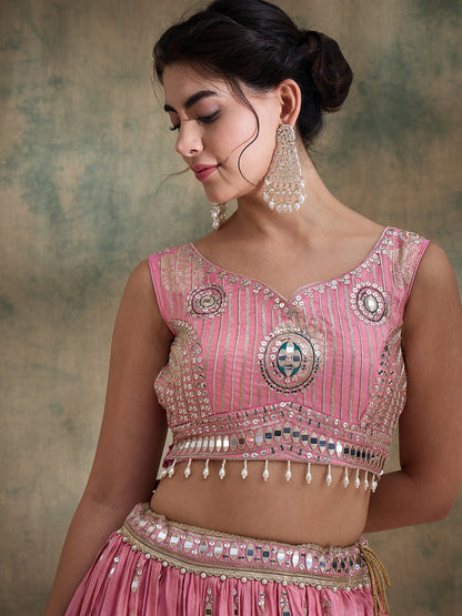 peach sequin Embroidered Lehenga Set with Rani Bandhej Dupatta