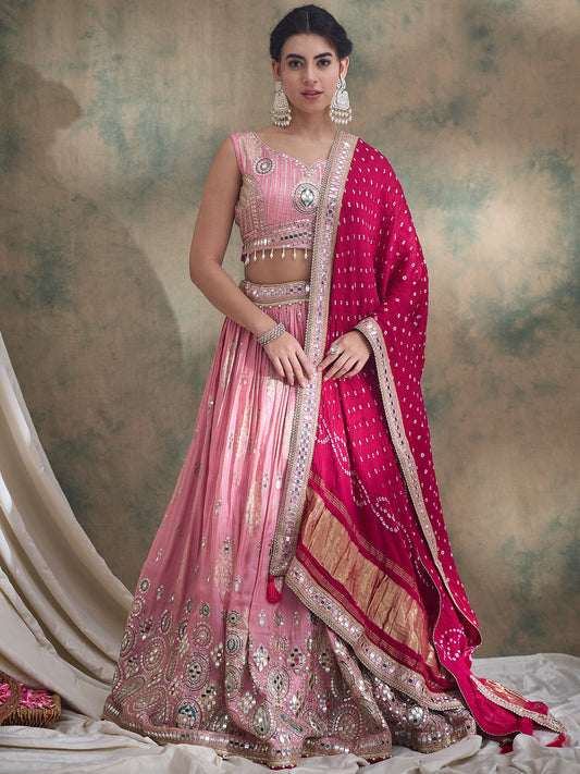 peach sequin Embroidered Lehenga Set with Rani Bandhej Dupatta