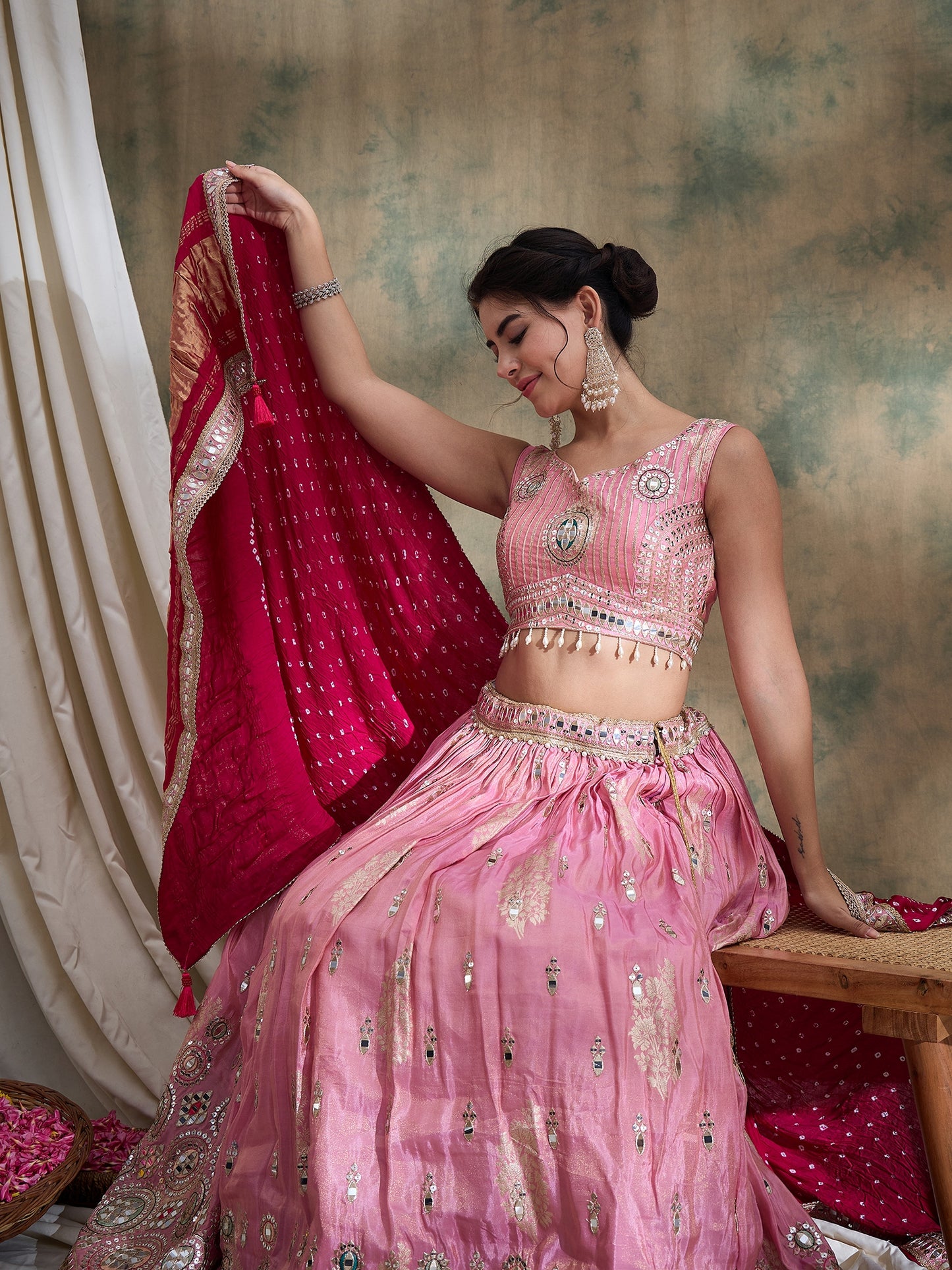 peach sequin Embroidered Lehenga Set with Rani Bandhej Dupatta