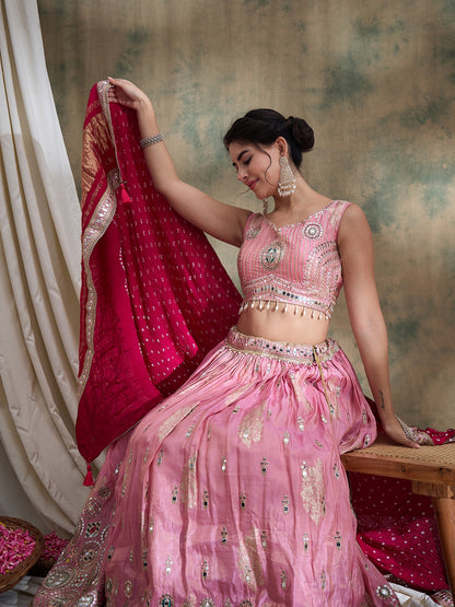 peach sequin Embroidered Lehenga Set with Rani Bandhej Dupatta