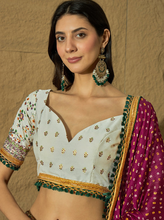 White Floral Silk Lehenga with Wine Bandhej Dupatta