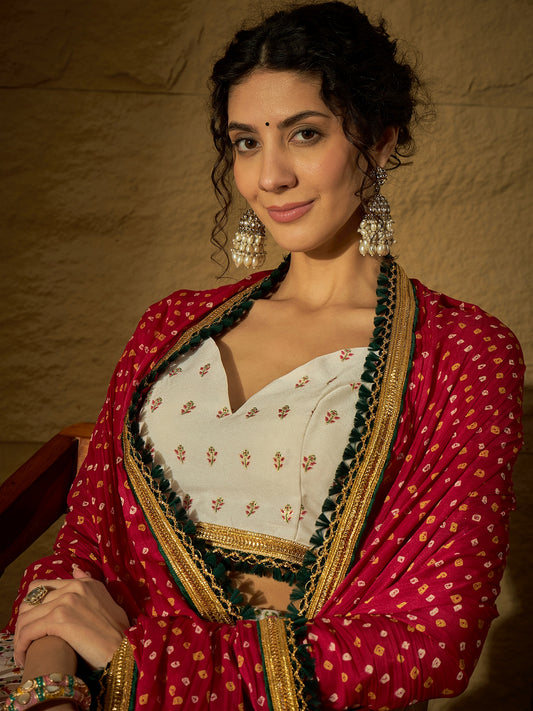 White Floral Silk Lehenga with Rani Bandhej Dupatta