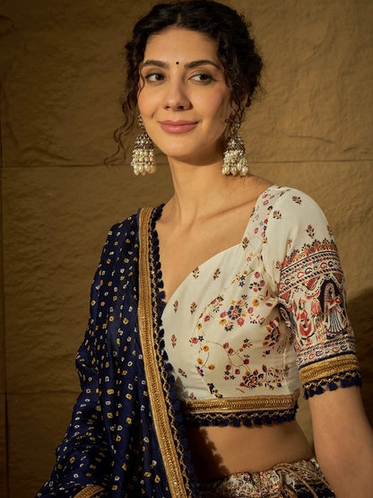 White Floral Silk Lehenga with Navy Blue Bandhej Dupatta