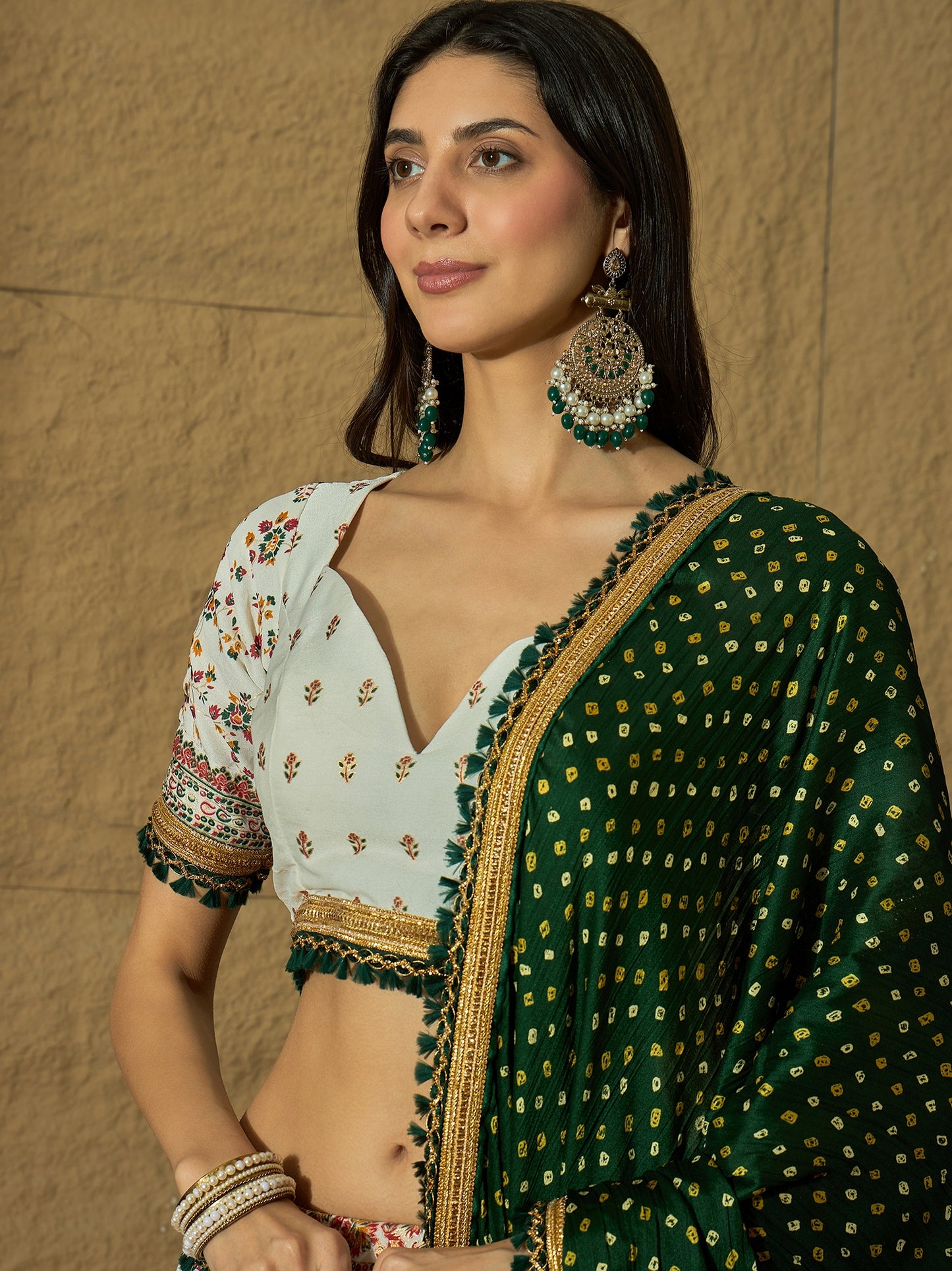 White Floral Silk Lehenga with Green Bandhej Dupatta