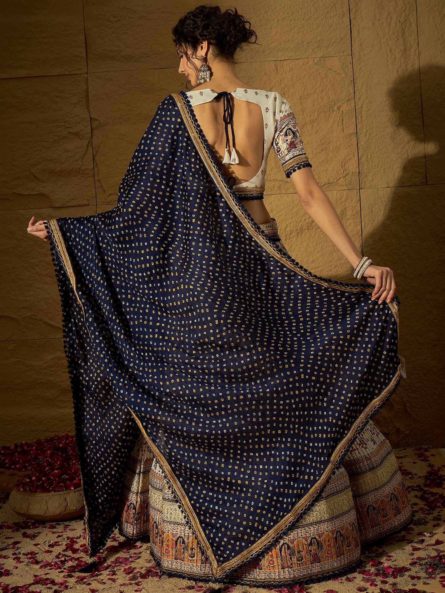 White Floral Silk Lehenga with Navy Blue Bandhej Dupatta