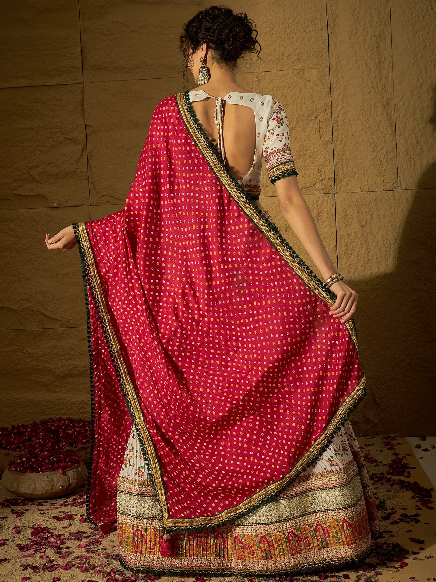 White Floral Silk Lehenga with Rani Bandhej Dupatta
