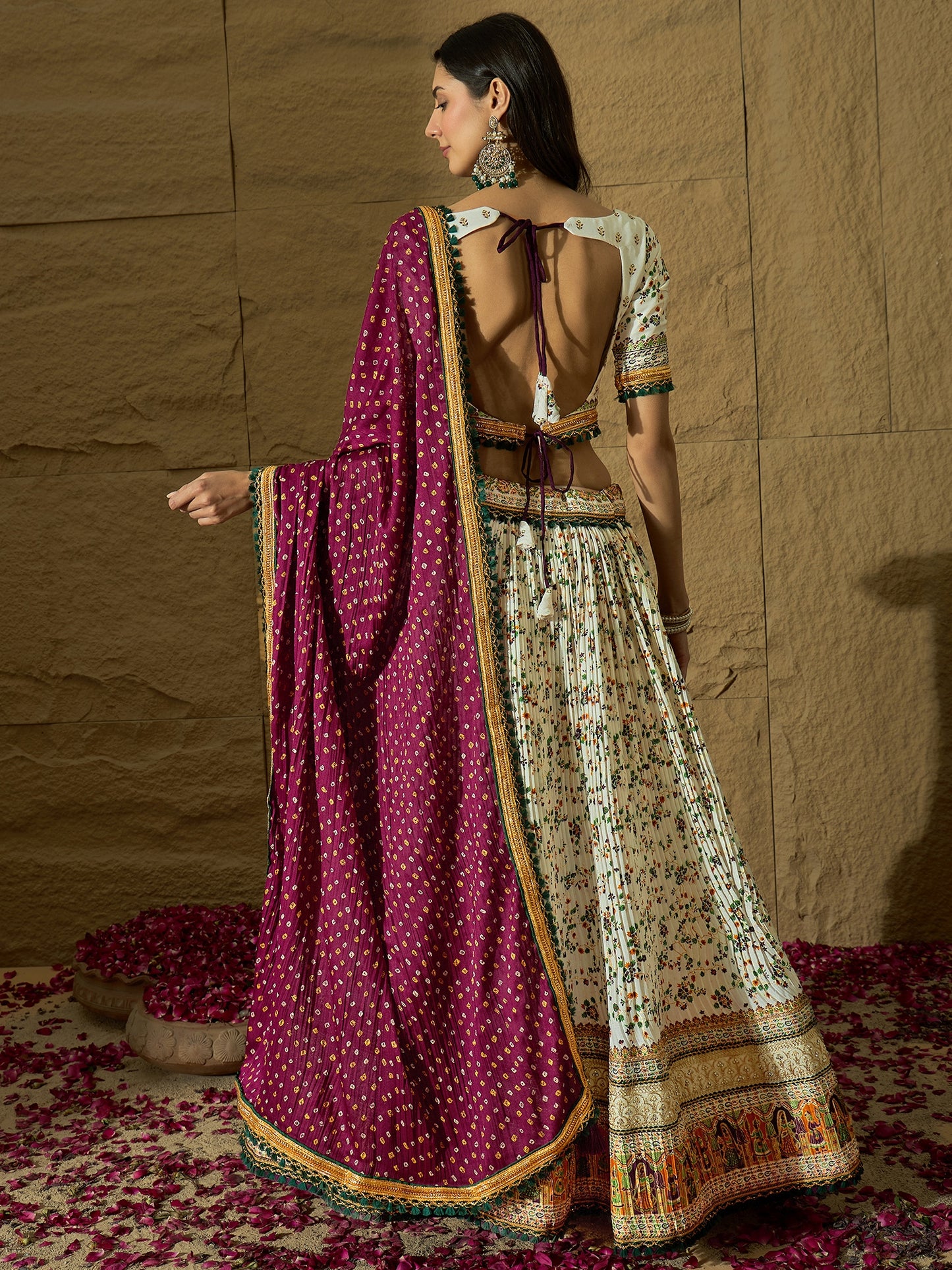 White Floral Silk Lehenga with Wine Bandhej Dupatta