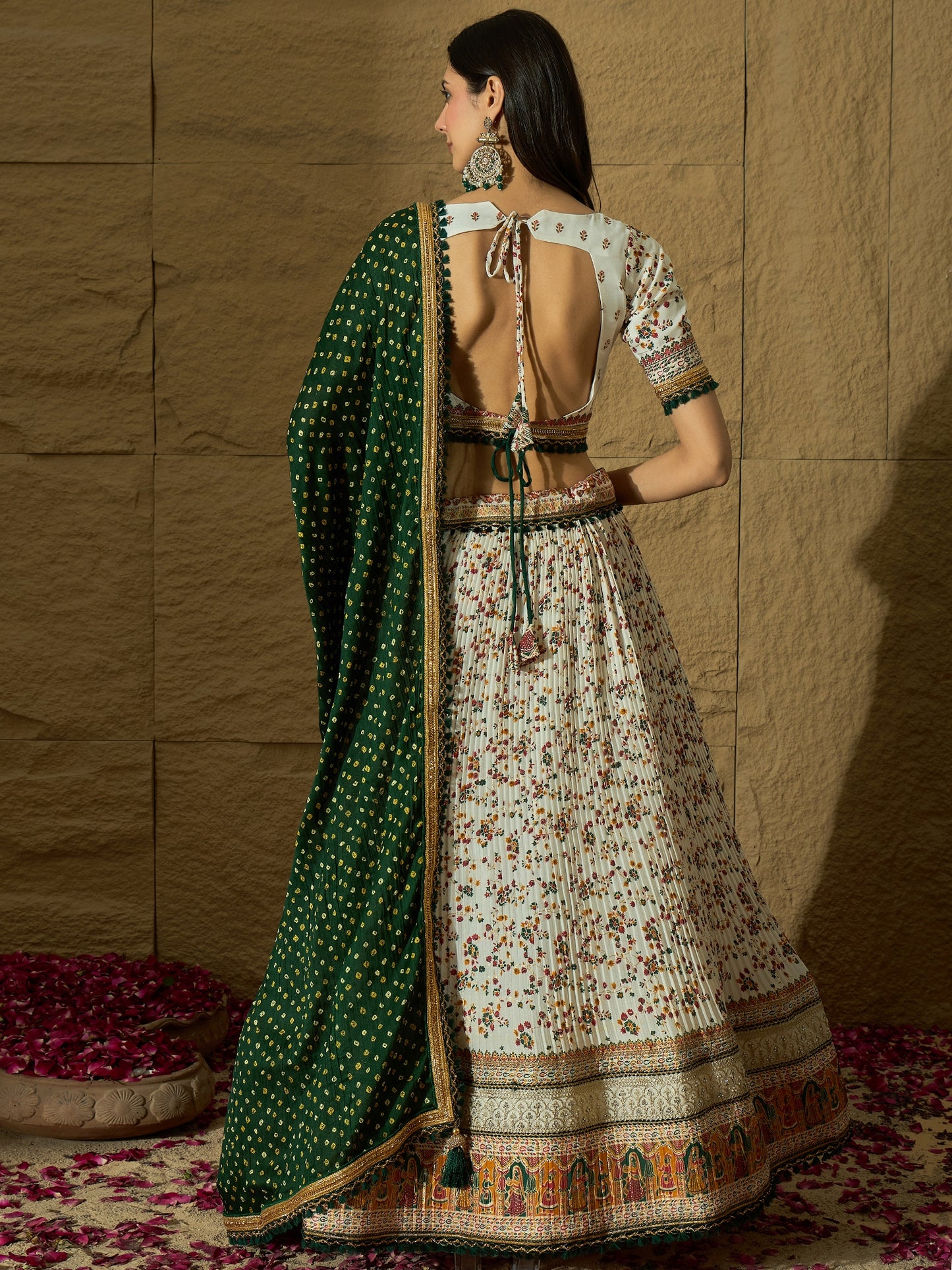 White Floral Silk Lehenga with Green Bandhej Dupatta