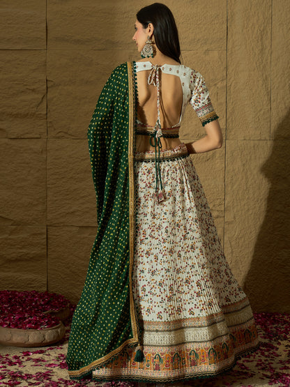 White Floral Silk Lehenga with Green Bandhej Dupatta