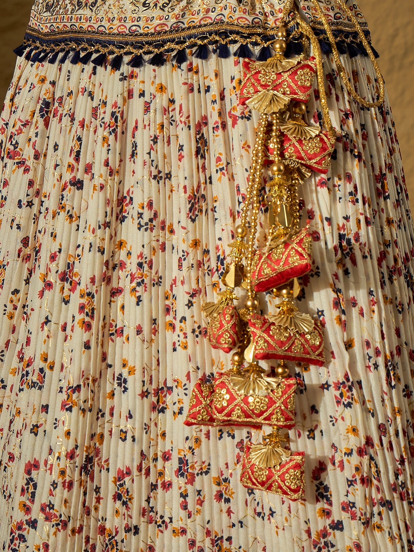 White Floral Silk Lehenga with Navy Blue Bandhej Dupatta