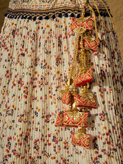White Floral Silk Lehenga with Navy Blue Bandhej Dupatta