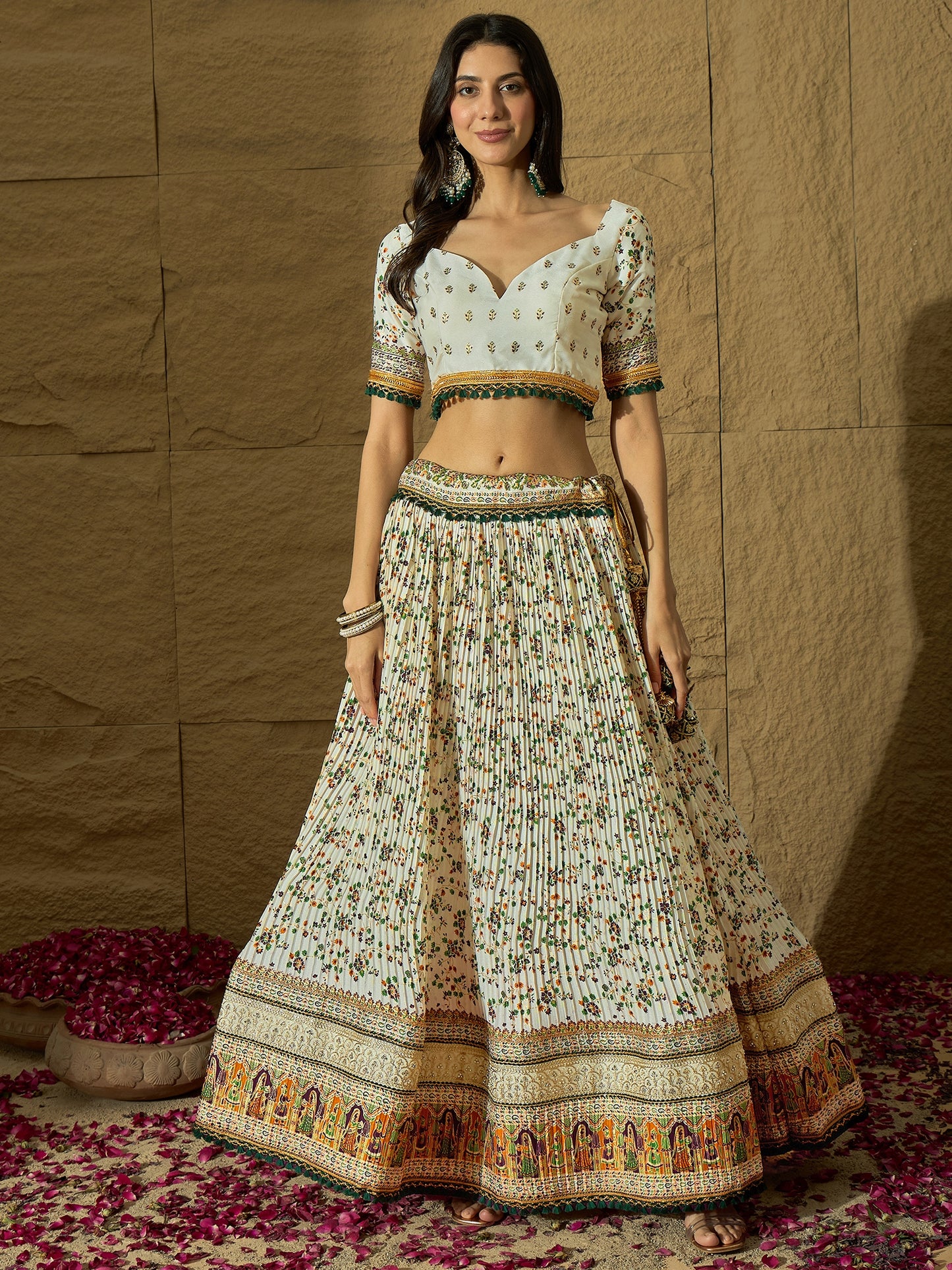 White Floral Silk Lehenga with Wine Bandhej Dupatta