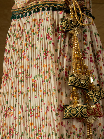 White Floral Silk Lehenga with Rani Bandhej Dupatta