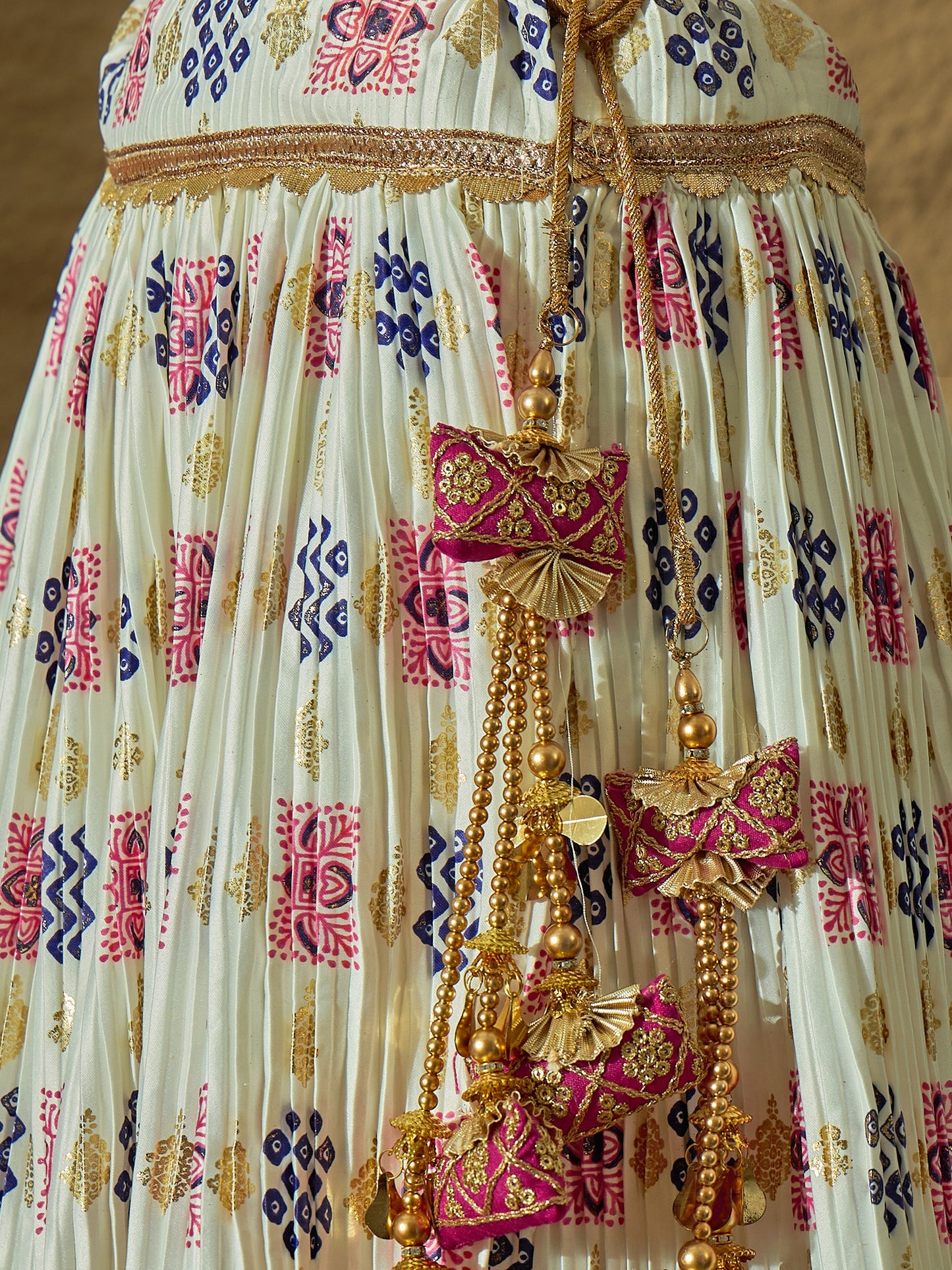White Ajarakh Silk Lehenga choli with Navy Blue Bandhej print Dupatta