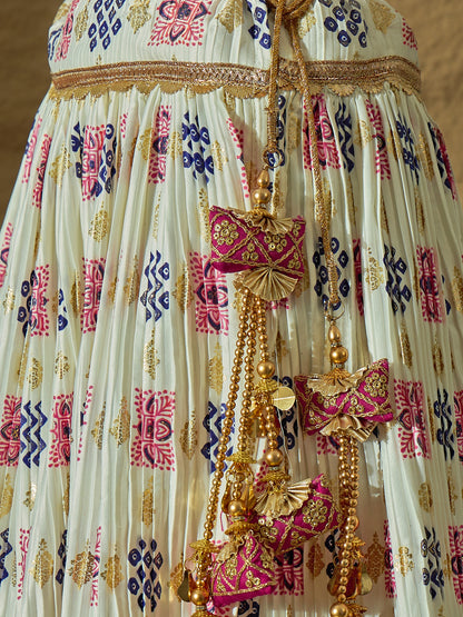 White Ajarakh Silk Lehenga choli with Navy Blue Bandhej print Dupatta