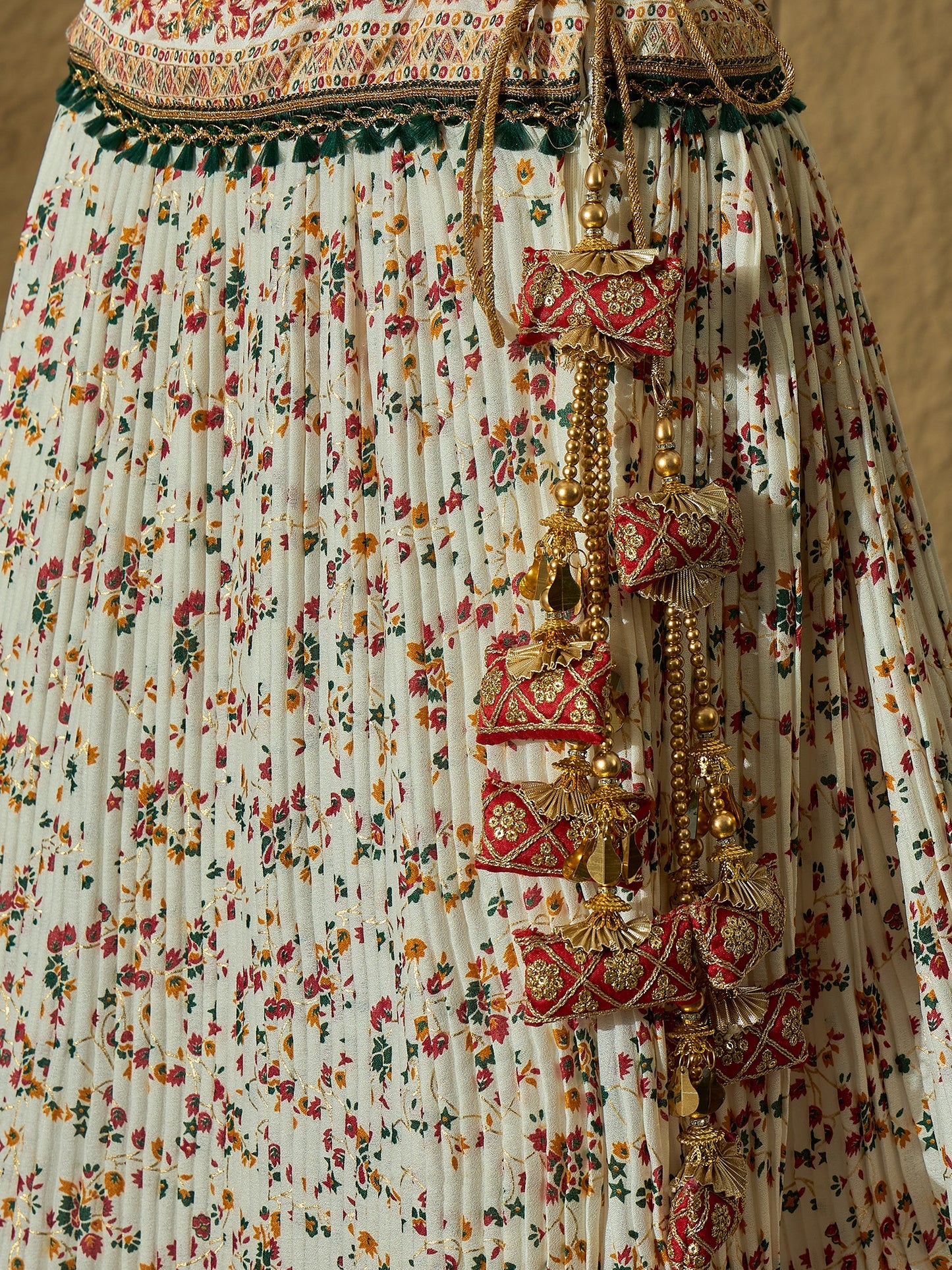 White Floral Silk Lehenga with Green Bandhej Dupatta