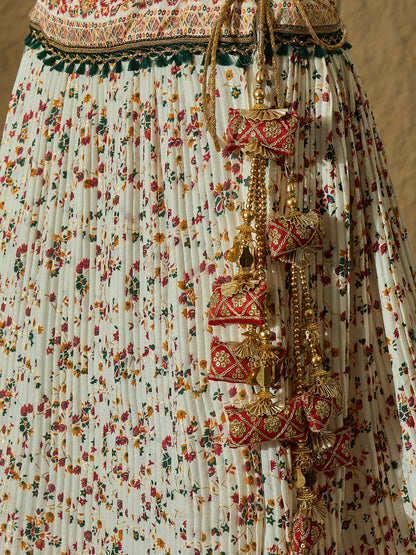 White Floral Silk Lehenga with Green Bandhej Dupatta