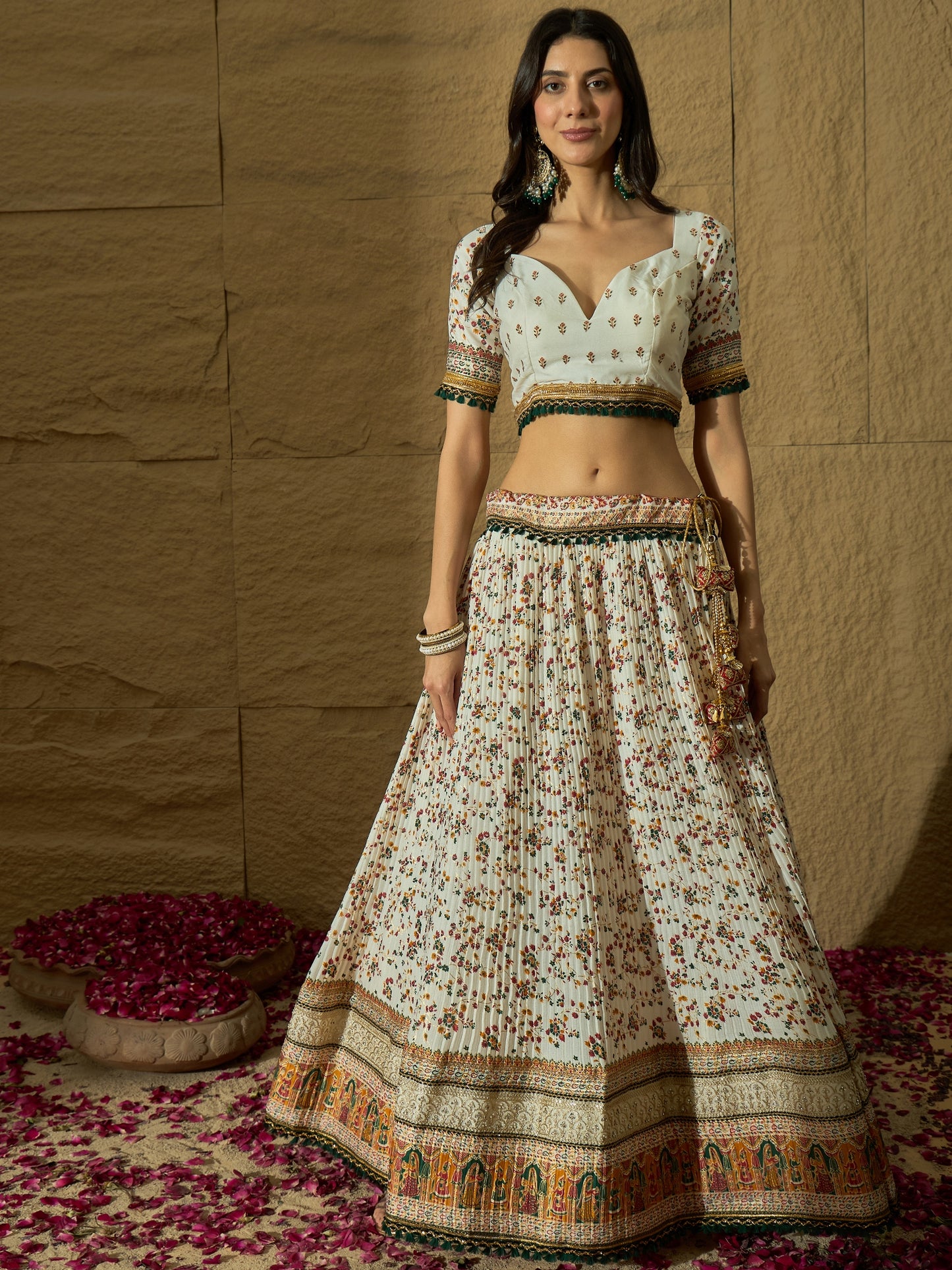 White Floral Silk Lehenga with Green Bandhej Dupatta