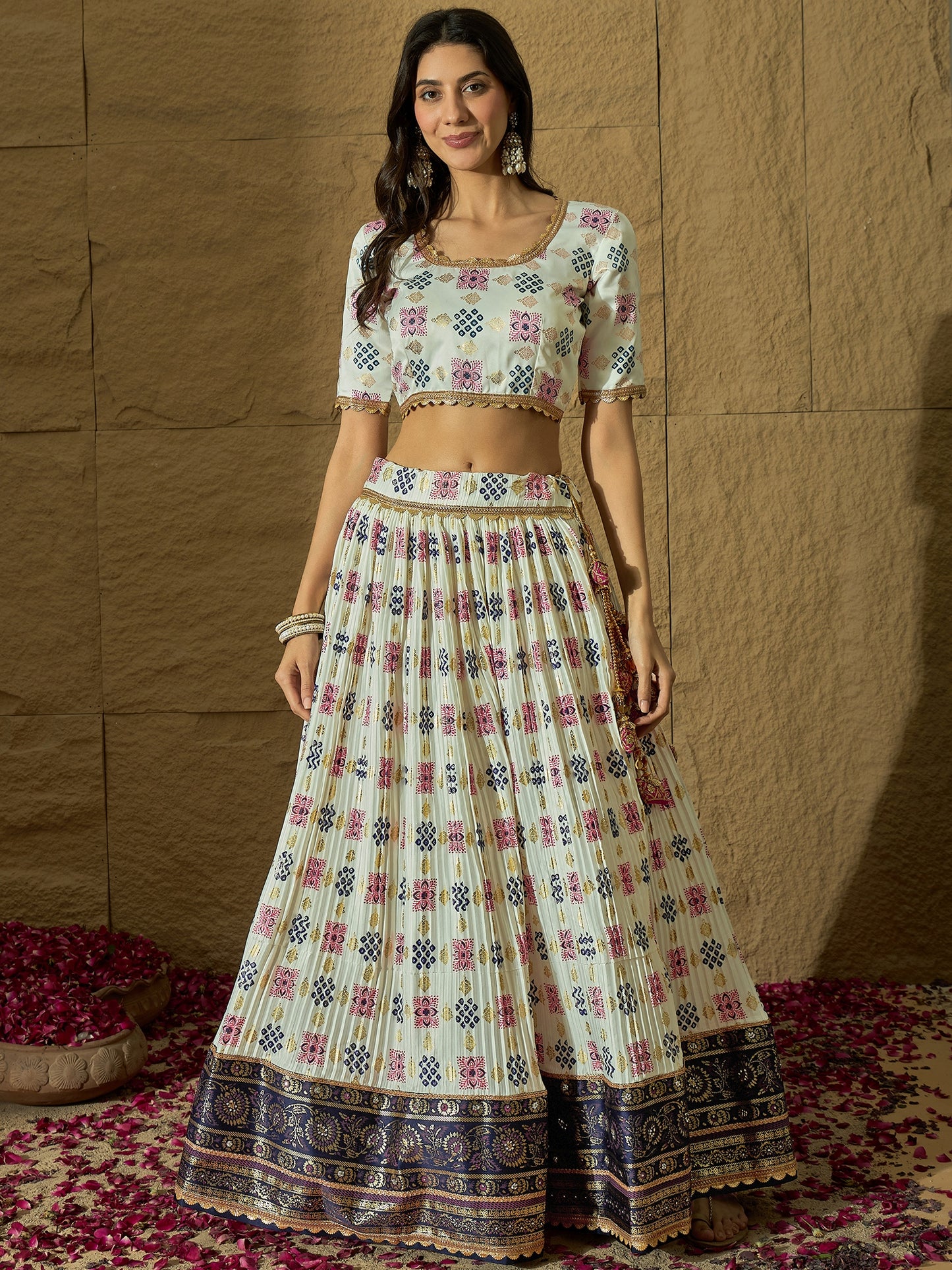 White Ajarakh Silk Lehenga choli with Navy Blue Bandhej print Dupatta